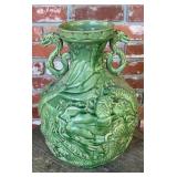 Large Green Glazed Ceramic Dragon Relief Urn Vase