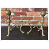 Pair Vintage Brass Tone Fireplace Andirons, Ball