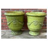 Pair Green Glazed Ceramic Garden Urn Planters, Rel