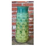 Tall Green Glazed Ceramic Cylinder Vase, Geometric