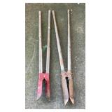 2 Wood handle post hole diggers