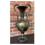 Large Ornate Metal Amphora Urn Vase, Floral Relief