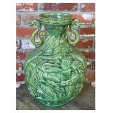 Large Green Glazed Ceramic Dragon Relief Urn Vase