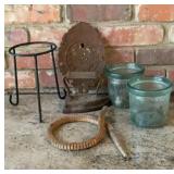 Rustic Garden Decor Lot, Glass Jars, Metal Plant