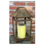 Rustic Metal Glass Panel Candle Lantern, Pagoda