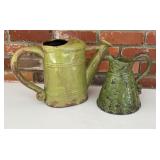 Pair Rustic Green Glazed Ceramic Watering Cans