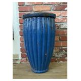 Large Cobalt Blue Ribbed Glazed Ceramic Floor Vase