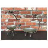 Pair Decorative Metal Bird Feeder Bowls, Figural