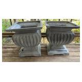 Pair Fluted Cast Stone Garden Urn Planters on Squa
