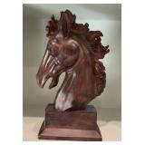 Carved Wood Horse Head Bust Sculpture on Base,