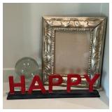 Red HAPPY Sign, Clear Bubble Glass Orb on