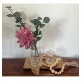 Gold Hammered Decorative Tray with Glass Vase,