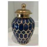 Blue & Gold Lidded Ceramic Ginger Jar / Temple