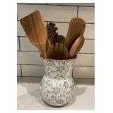 Gray & White Floral Ceramic Utensil Crock with