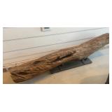 Natural Driftwood Log Sculpture on Metal Display
