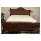 Ornate Carved King Bed Frame with Burl Wood