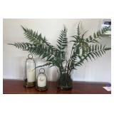 Faux Fern Arrangement in Glass Vase with 2 Brass