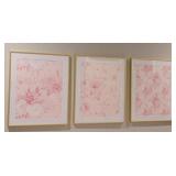 Set of 3 Pink Floral Rose Prints in Gold-Tone