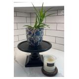 Black Pedestal Stand with Blue White Floral Aloe