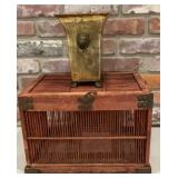 Vintage Asian-Style Wooden Bird Cage with Brass