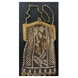 Gold Tone Metal Mesh Purse, Floral Engraved