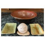 Signed Pottery Asian Motif Dishes, Signed Bowl &
