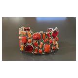 Coral Red Gemstone Silver Statement Bracelet,