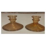 Pair Vintage Amber Glass Candlestick Holders with
