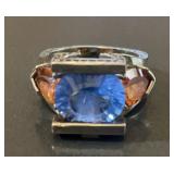 10K Gold Blue Sapphire Orange Garnet Ring Ornate