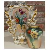 Antique German Porcelain Floral Vase (chipped) &
