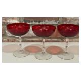 3 Vintage Ruby Red Glass Champagne Coupes with