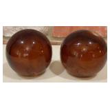 2 Vintage Amber Hand-Blown Art Glass Spheres