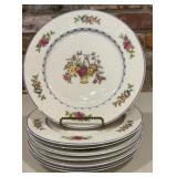 8 Concordia Porcelain Floral Basket Dinner Plates