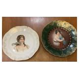 Antique Porcelain Portrait Plates, Green & Gilt