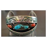 B. Nez Sterling Silver Turquoise Coral Inlay Cuff