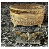 Ornate Filigree Glass Jewelry Casket & Butterfly