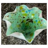 Murano Confetti Glass Ruffled Dish Turquoise Blue
