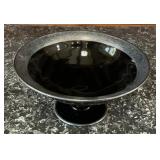 Black Glass Pedestal Compote Bowl Ornate Silver