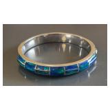 Mexico 950 Silver Blue Opal Inlay Hinged Bangle