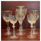 6 Vintage Assorted Etched Crystal Stemware Gold