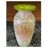 Signed Hand Blown Art Glass Vase Green Red White