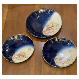 Antique Cobalt Blue Porcelain Rose Plates, Pink