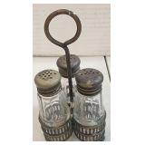 Antique 3 PC Glass Salt & Pepper Set In Caddy