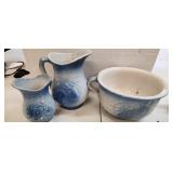 3 Antique Blue Salt Glazed Pitchers, Bowl Stonewar