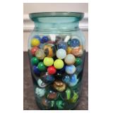 Green Ball Jar Full Of VTG Marbles