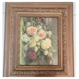 1940s  Framed Floral Print w Bird Wall Art