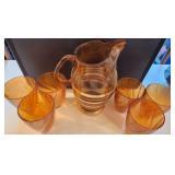 MCM Amber Glass Pitcher & 6 Cups Swirl Set
