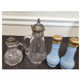 Two Antique Glass Serving Bottles & VTG S&P Set