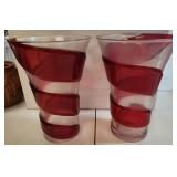2 Teleflora Ruby Red Ribbon Spiral art glass vases
