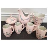 Hull Pottery Bird Pink Set Mugs Pitcher Vase 7pc